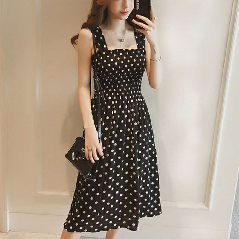 French style small fresh wide shoulder belt beach sling skirt women's summer medium long dress