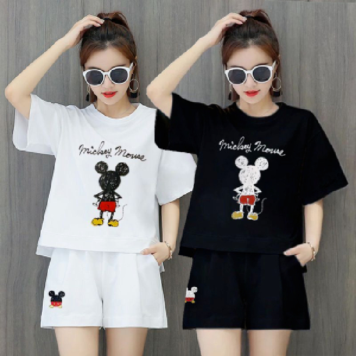 2020 summer new leisure sports suit women's summer Mickey print large size loose short sleeve shorts 2-piece set
