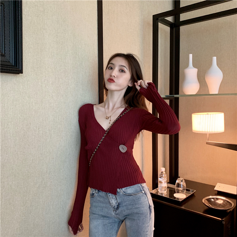 Real price autumn new Pullover V-neck simple bottoming top vertical irregular long sleeve sweater