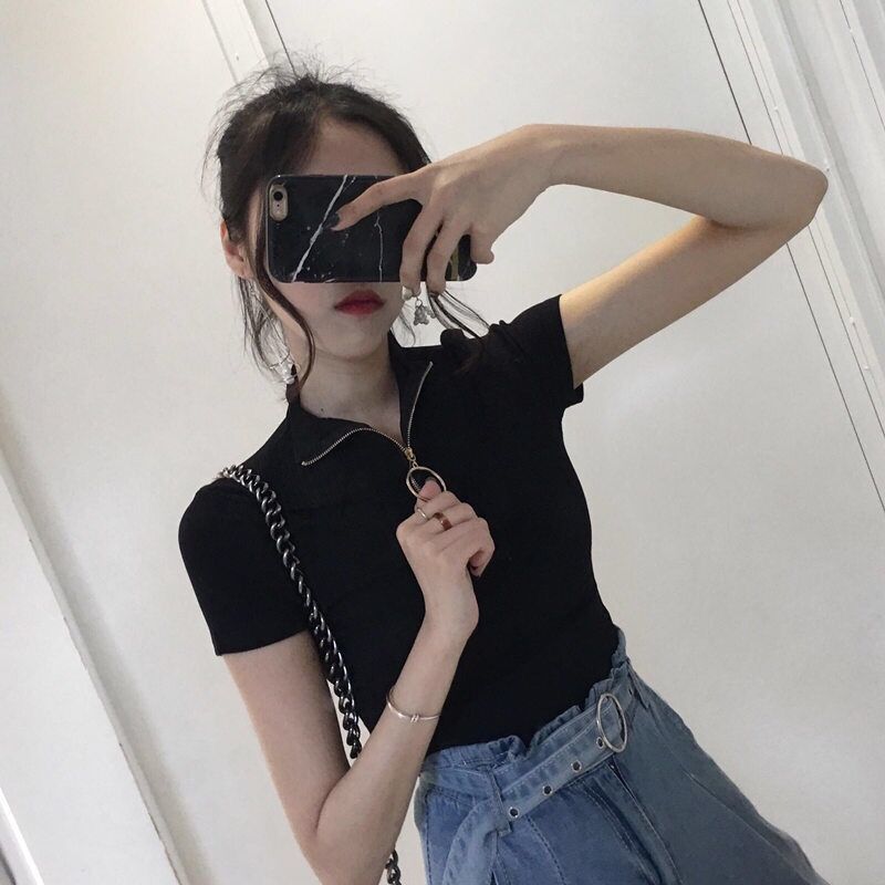Summer 2020 new round zipper half high collar bottoming Shirt Top slim fitting short sleeve sweater women's fashion