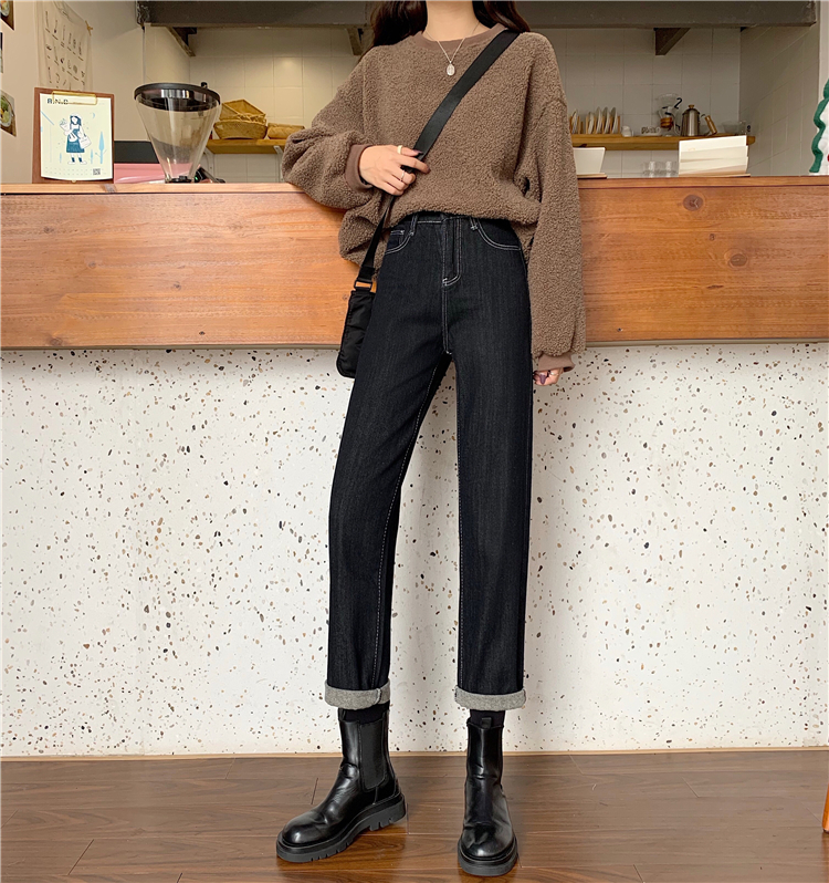 Real shot real price ~ jeans women's high waist autumn and winter pipe pants loose show thin pants