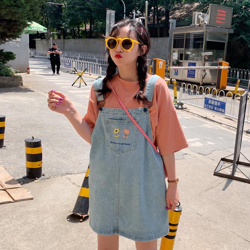 Summer 2020 new Korean embroidery floret college style junior denim shoulder dress