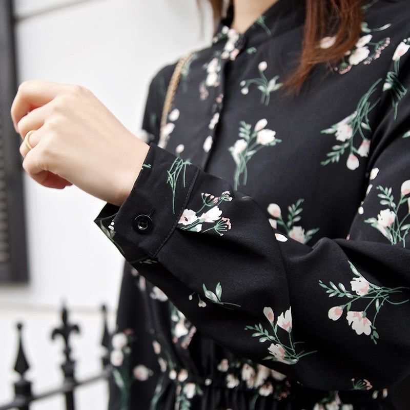 New spring and autumn wear Korean Black Floral Chiffon Dress with slim and slim Long Sleeve Chiffon Dress