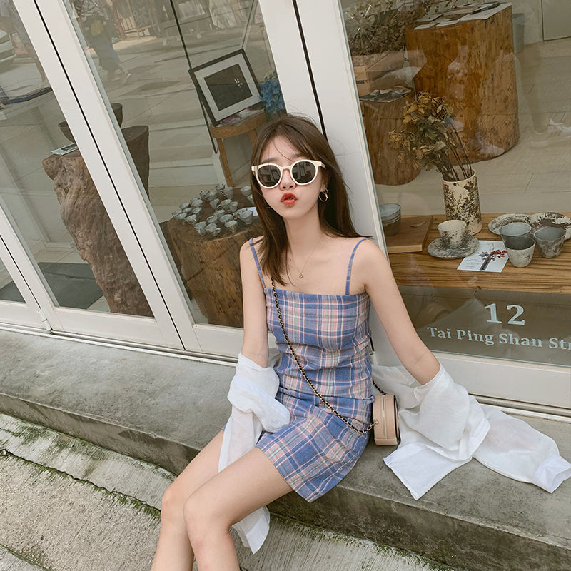 Suspender dress summer new women's dress first love sweet and fresh show thin off shoulder sleeveless plaid skirt fashion