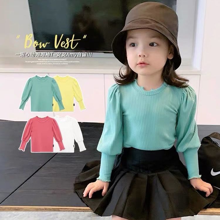 Girls' Autumn bottoming shirt 2020 new style children's bubble sleeve pit stripe long sleeve T-shirt wear baby T-shirt