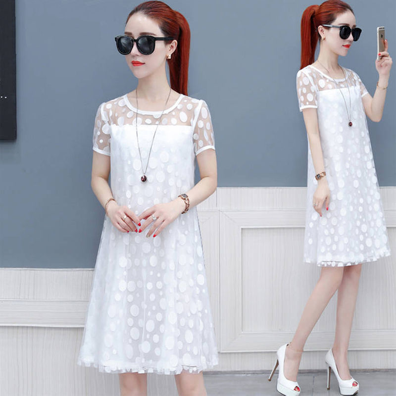 Lace mesh dress women's dress 2020 new mid long Korean version loose and large A-line skirt for women