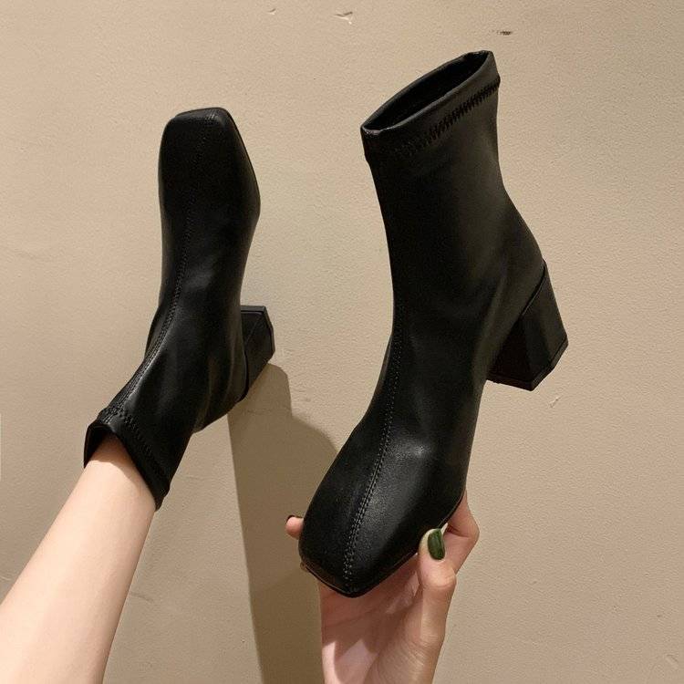 Autumn winter Korean version simple versatile elastic boots thick heel high heels medium heel square head short boots Knight boots women boots fashion