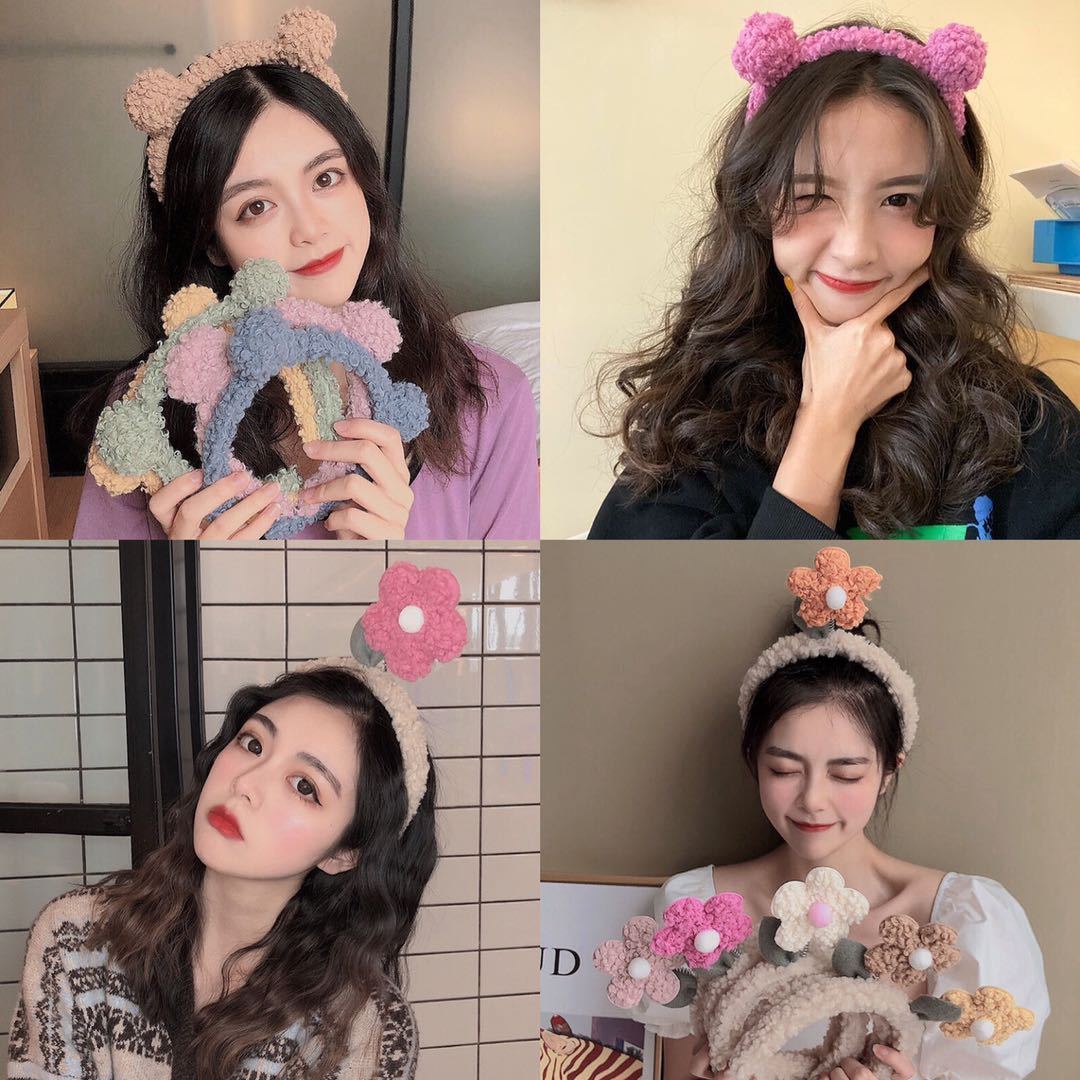 Little bear hair hoop flower head hoop Zhao Lusi same autumn winter Plush face wash mask hair band hairpin hair accessories