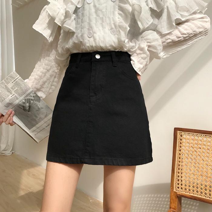 Autumn small black high waist denim skirt female A-type Korean student Hip Wrap one-step a-word short skirt