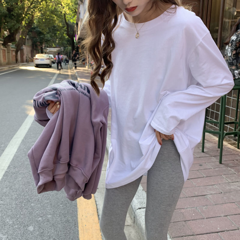 100% cotton top and bottom coat women's spring and autumn Korean new loose and versatile white Long Sleeve T-Shirt