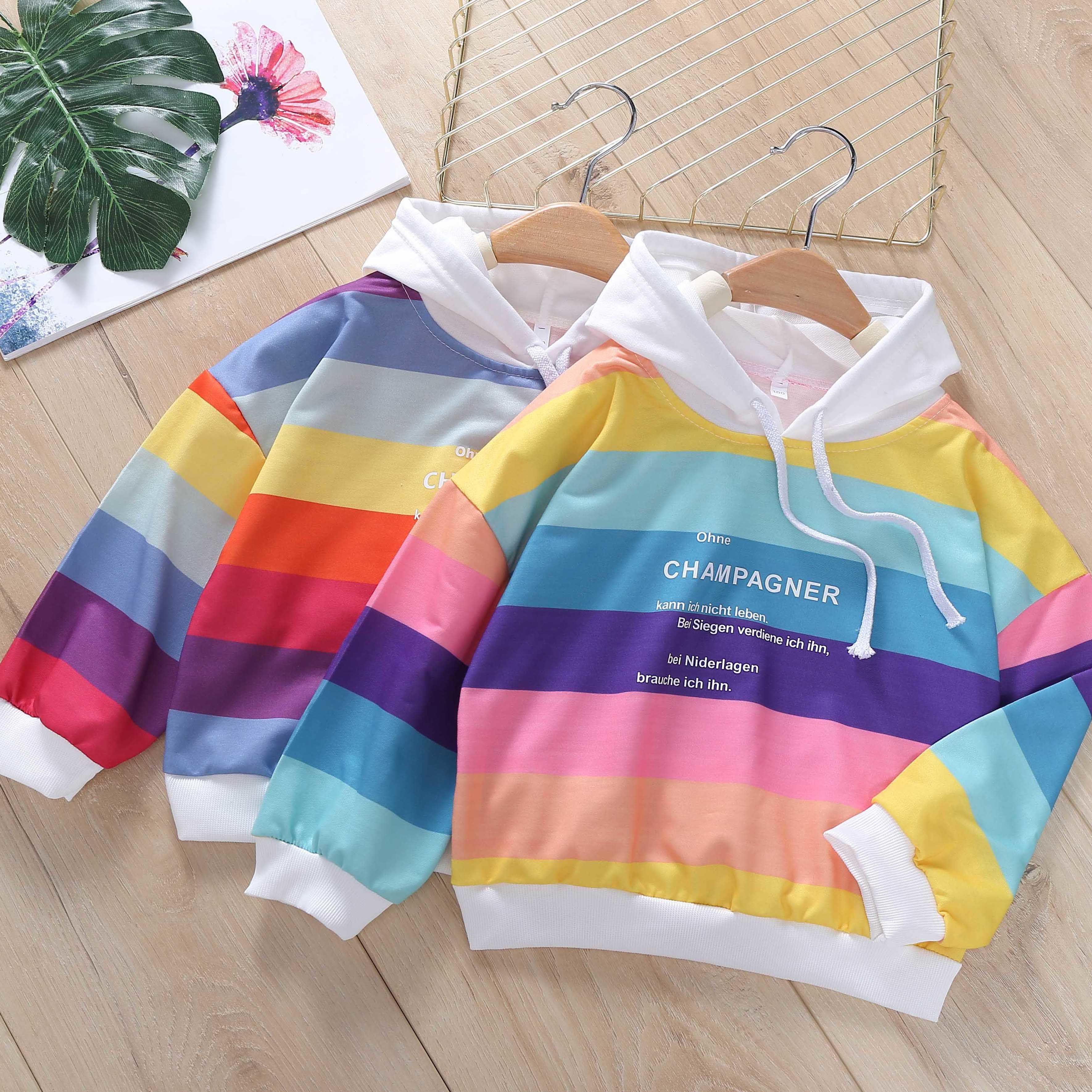 Children's sweater spring and autumn new female baby Korean style boy's T-shirt Rainbow Stripe top Hoodie