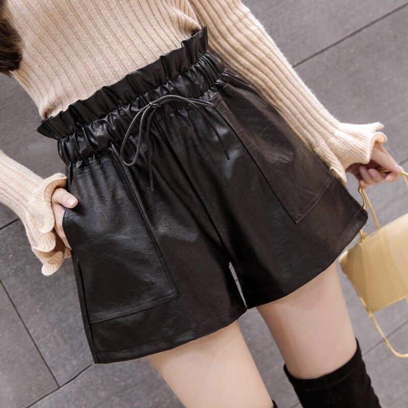 Leather shorts women's autumn and winter high waist Korean Large Leather Pants Black Belt washed wide leg shorts versatile casual shorts