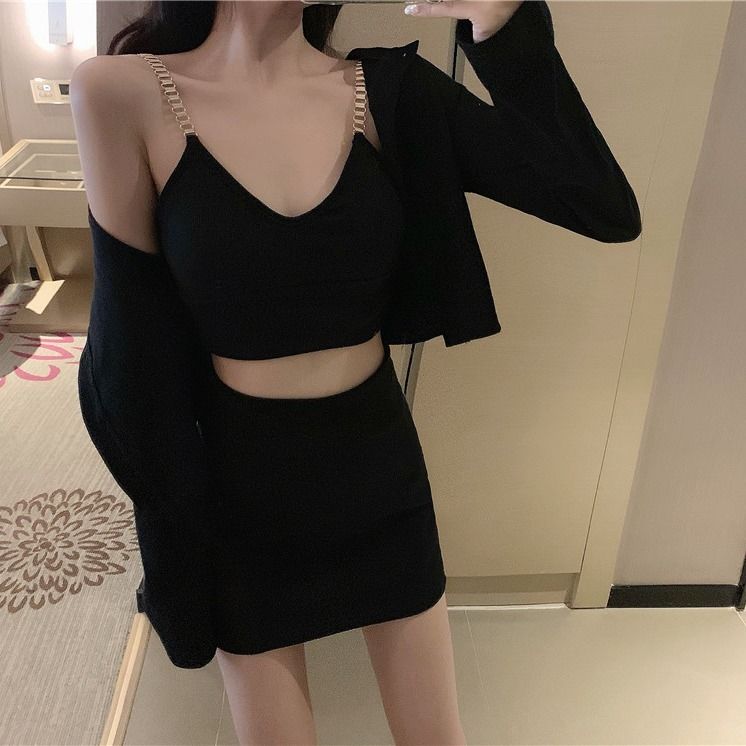 Korean three piece women's suit summer 2020 new slim short coat + small sling + high waist half body hip Skirt Set