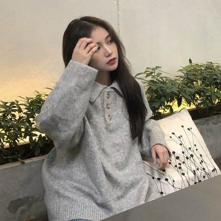 Autumn and winter Pullover versatile sweater schoolgirl coat lazy wind polo collar net red loose thickened sweater top