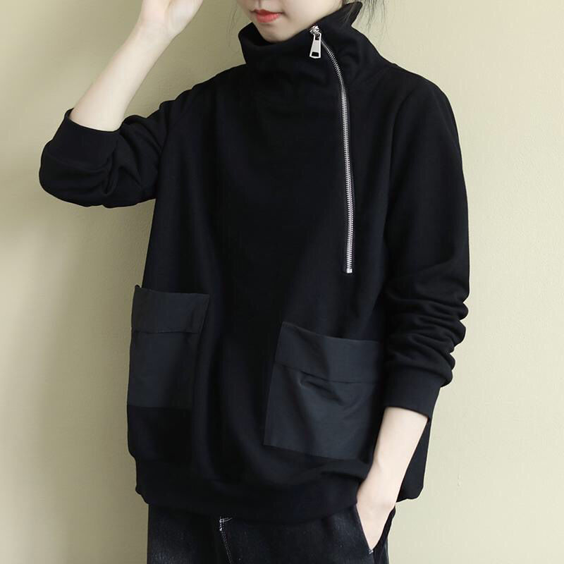 Large size women's Retro loose literature long sleeve sweater autumn winter high collar zipper patch with velvet casual top
