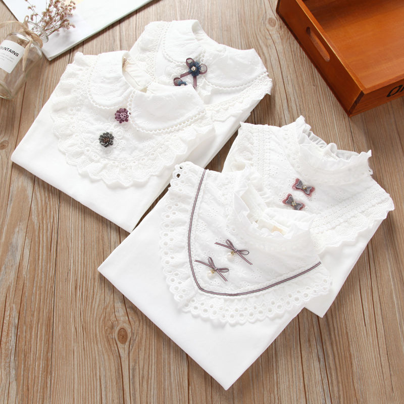 Girl's lace collar bottomed Shirt Plush thickened children's long sleeve T-shirt for children to keep warm in autumn and winter