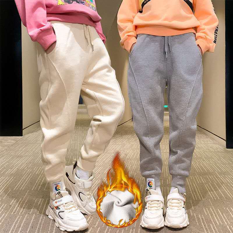 Girls' trousers spring and autumn Korean Edition primary school students' winter clothes plush and thickened sports pants