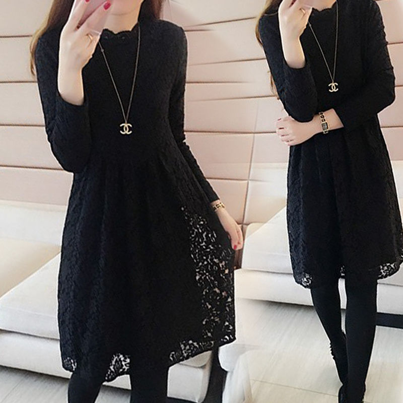 Cashmere thickened large women's wear fall / winter 2020 new Korean medium length dress women's long sleeve lace bottoming shirt