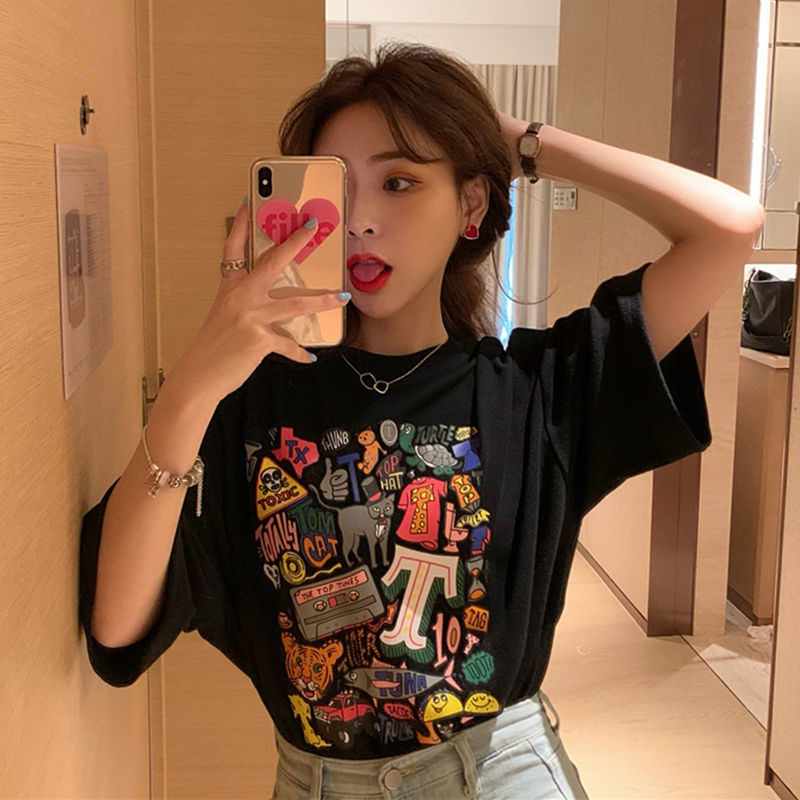 Summer new ins super fire net red cartoon print short sleeve T-shirt women's Korean versatile loose half sleeve top