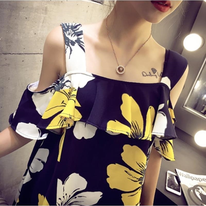 Ruffle off shoulder herringbone neck slim suspender skirt Bohemian Chiffon large dress fashion printed skirt