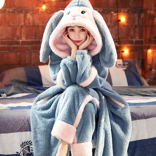 Pajamas women's autumn and winter thickened plush coral velvet lovely warm flannel long nightgown home suit bath