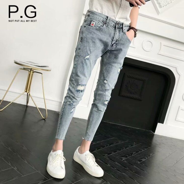 Cropped jeans men's Korean fashion slim feet loophole beggar fashion card