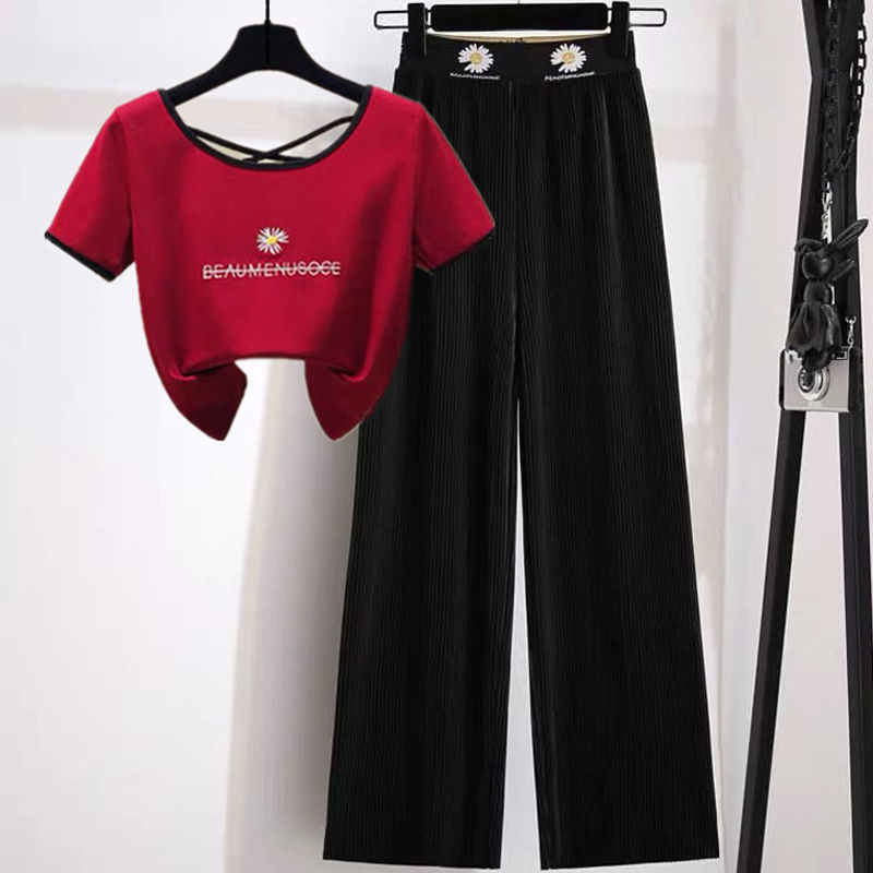 One piece / suit ins small daisy open back short sleeve T-shirt women's short top + two pieces of high waist drop feeling wide leg pants