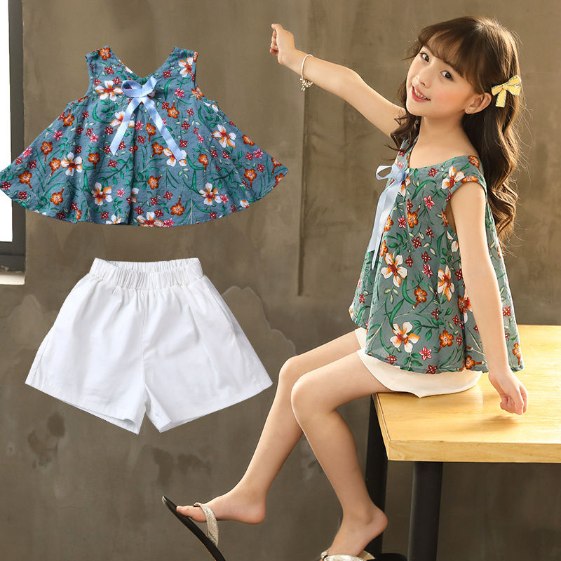 Girls' summer new Korean children's sleeveless shorts 2-piece suit