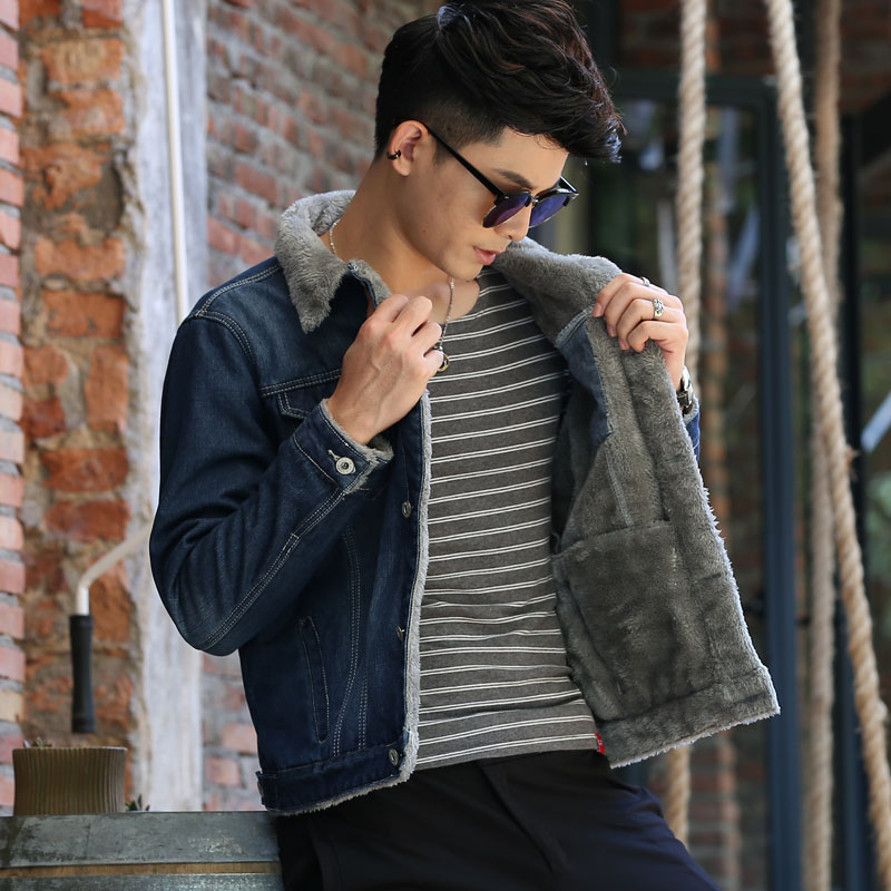 Autumn and winter denim jacket men's Plush thickening Korean slim jacket fashion casual large size warm men's top fashion