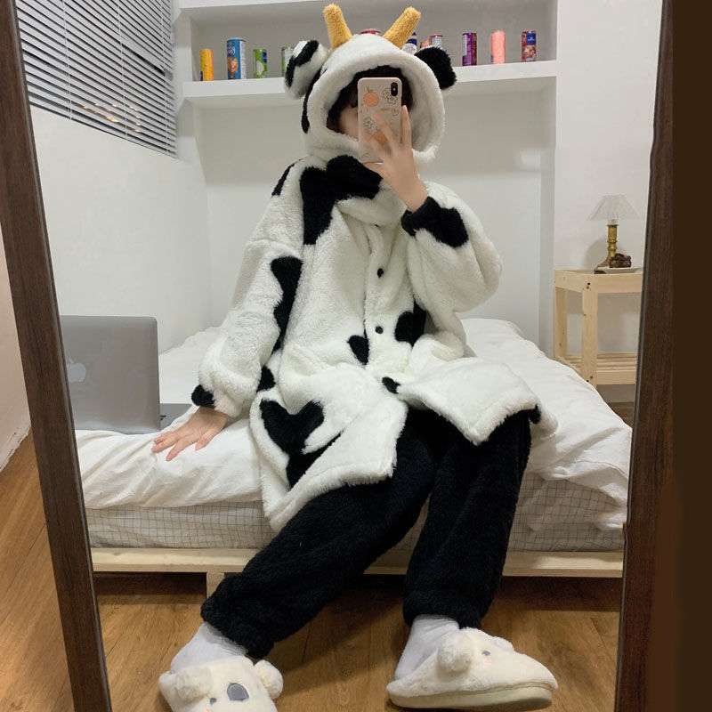 Coral velvet pajamas female winter sweet and lovely student thickened flange Plush autumn and winter can wear cow home clothes