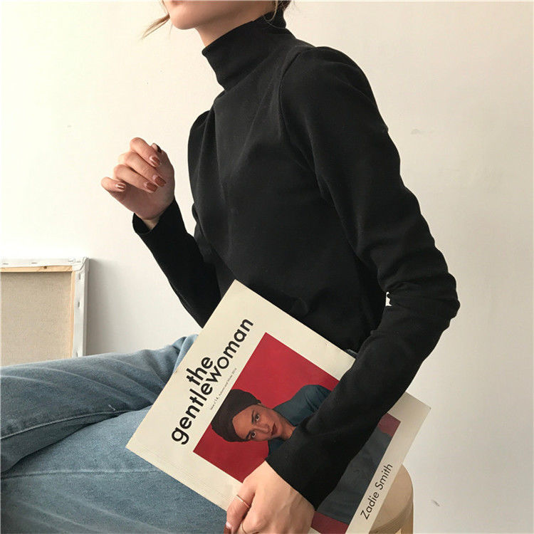 High collar base coat top women's autumn / winter 2020 new fit fit white foreign style black with long sleeve T-shirt
