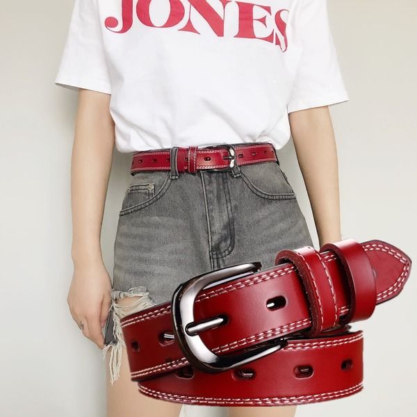 [buy for free] leather belt women's leather pin buckle pure cow leather belt women's fashion denim simple Korean version versatile