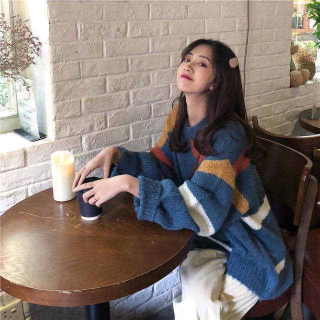 Autumn and winter new Harajuku style Korean splicing stripe medium length Pullover Sweater for female students