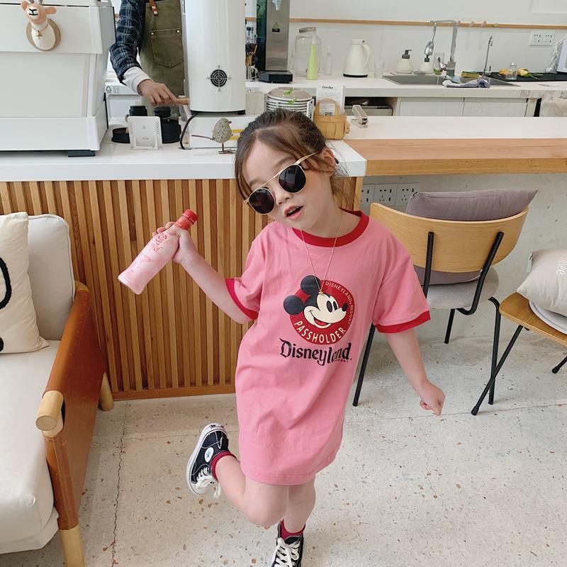 Children's summer Mickey skirt t girl's cartoon color matching medium length T-shirt girl's baby cotton T skirt