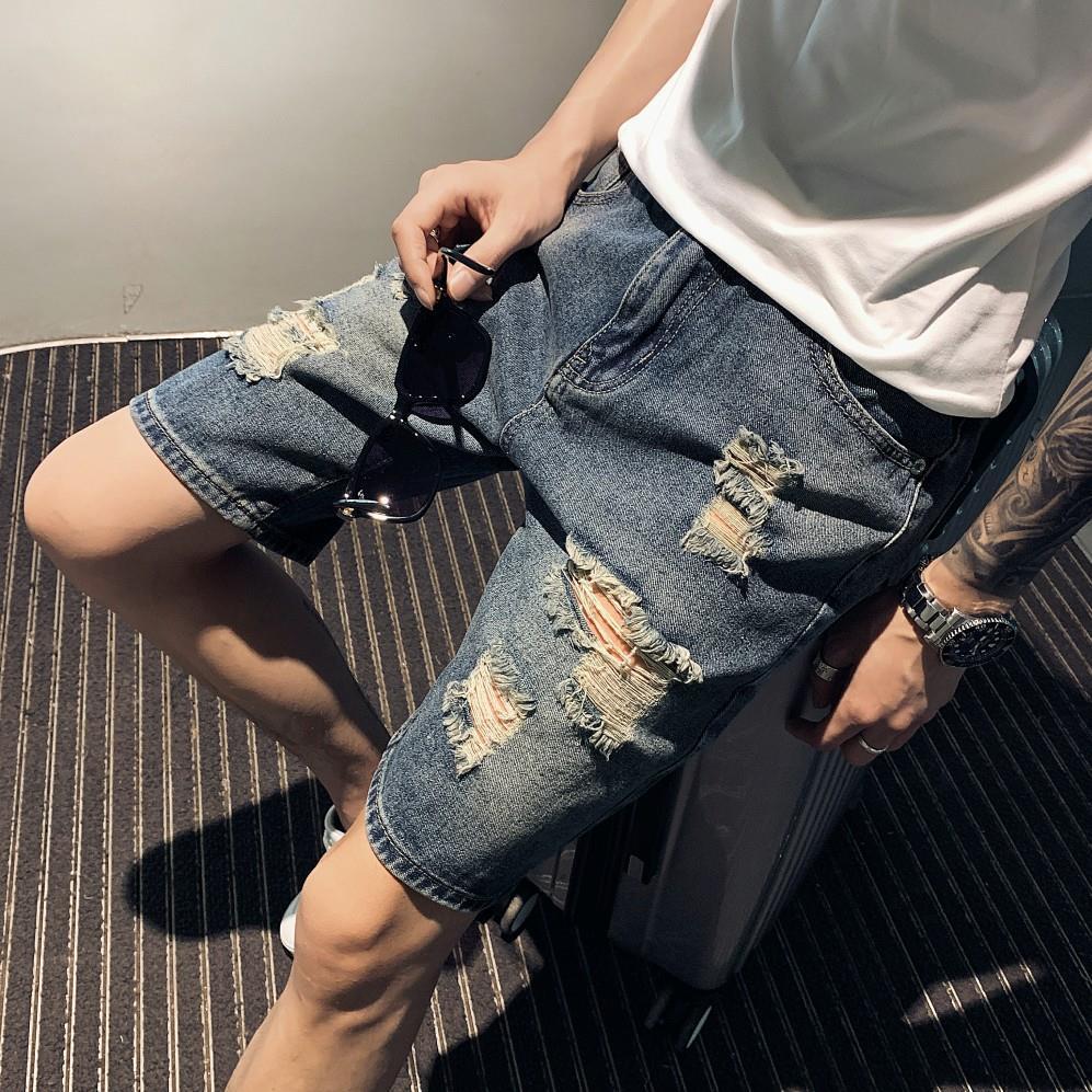 Net red beggars denim shorts men's 2020 summer Korean straight Capris fashion brand casual holed denim pants