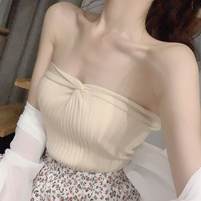 Brassiere top women's summer sexy off shoulder light proof undergarment solid short with knitted vest