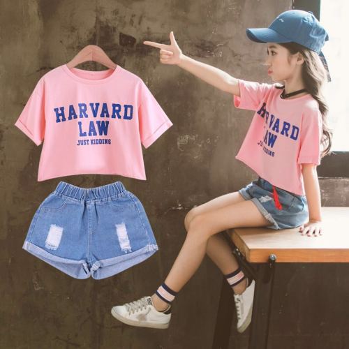 Children's wear Girls Denim Shorts Set summer 2020 new children's Korean version of big boys' foreign style short sleeve two piece set