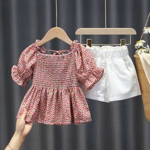 Girls' net red suit summer foreign style Korean version little fresh girl Baby Flower short sleeve shorts children's fashion