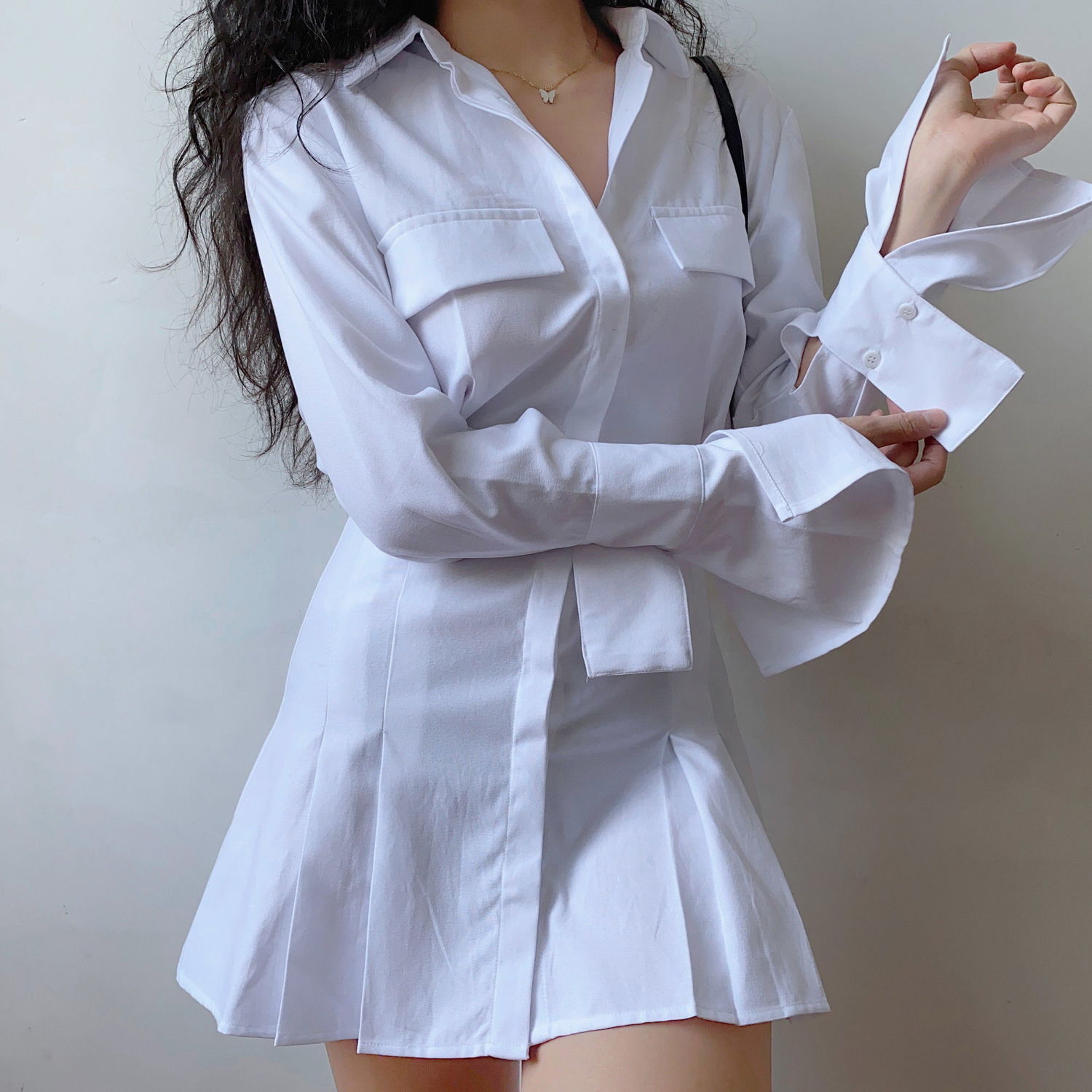 Europe and the United States with the same hot girl pleated waist shirt dress trumpet long sleeve temperament slim