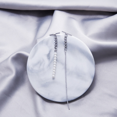 Real shot 925 silver needle Japanese and Korean pearl chain long Tassel Earrings