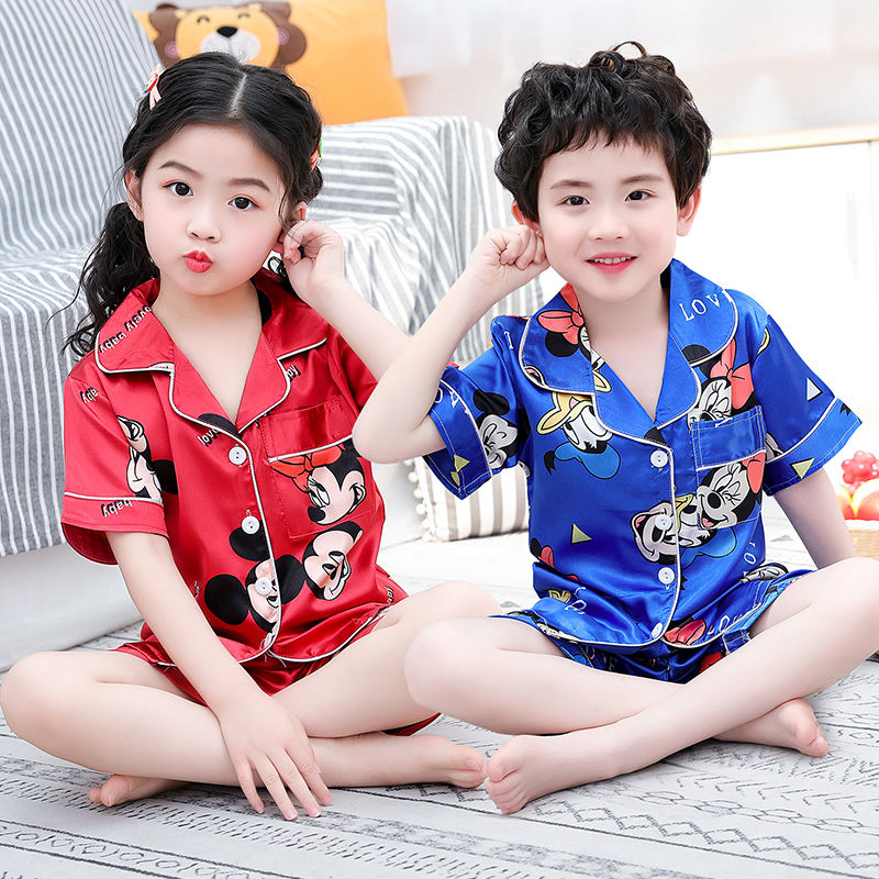 Children's pajamas summer girls silk like pajamas printed boy's baby home clothes summer short sleeve pajamas suit