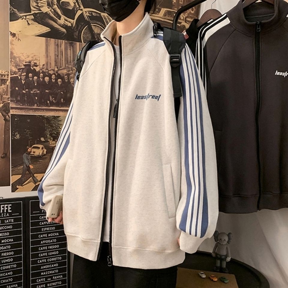Cardigan sweater men's autumn winter Plush coat ins Korean fashion leisure sports standing collar couple's top