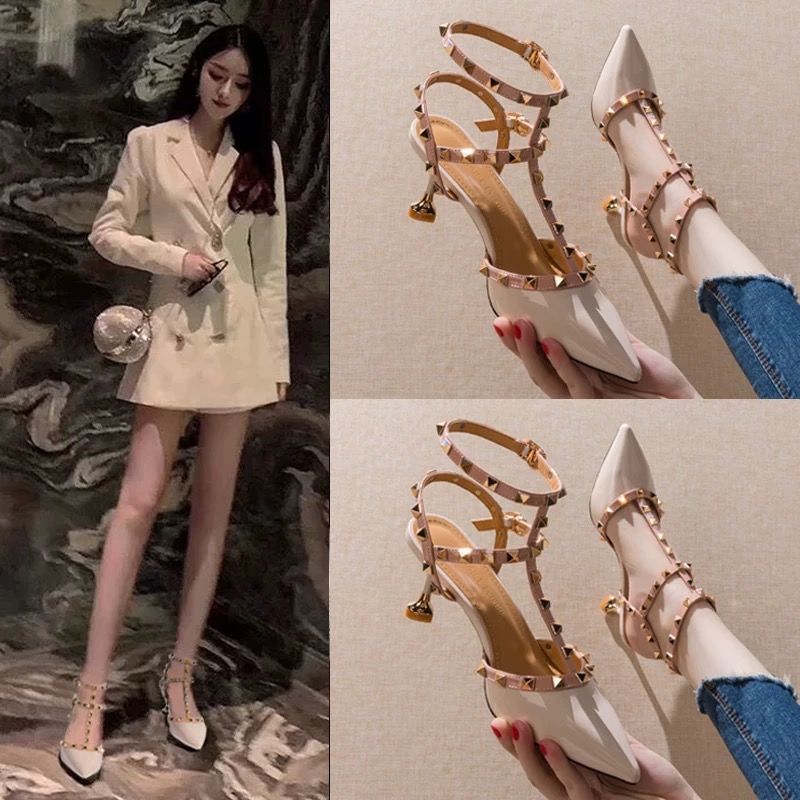 Rivet high heels women's thin heel pointed single shoes women's new summer 2020 versatile sexy Liuding women's shoes sandals