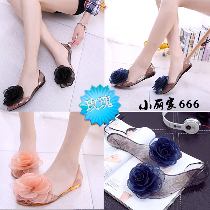 Fish mouth sandals women's summer flat bottomed Student Korean flower new bow women's shoes jelly shoes transparent crystal shoes