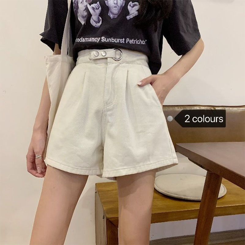 Casual denim pants summer 2020 new Korean loose high waisted slim wide leg pants half Elastic Waist Shorts for women