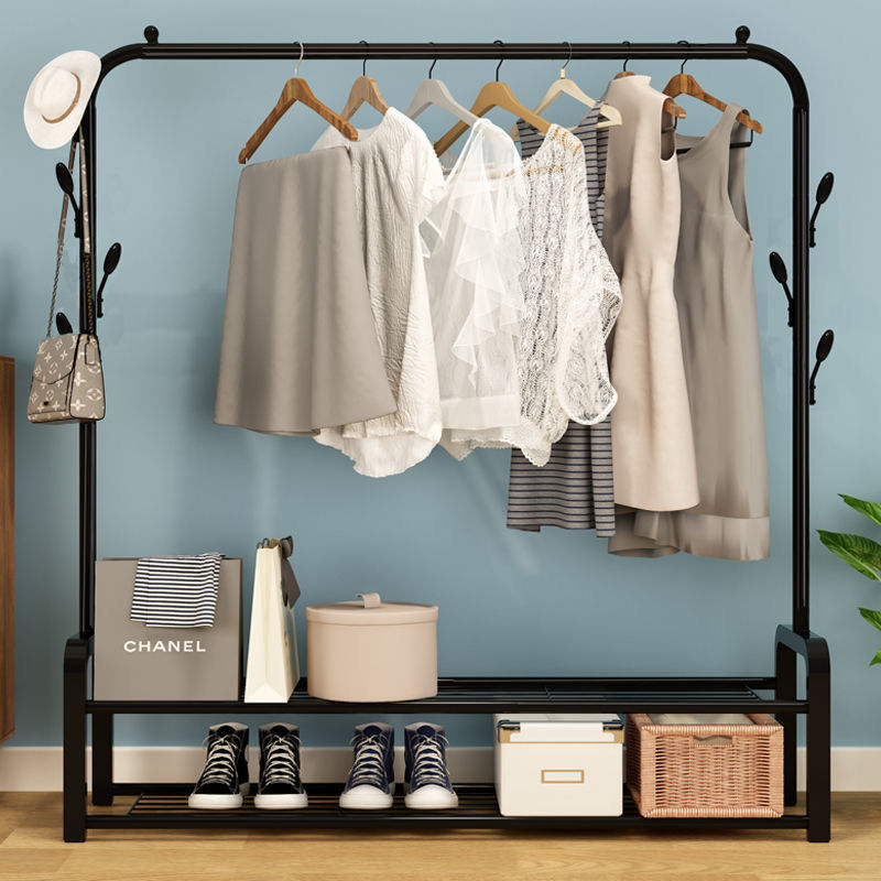 Clothes rack floor bedroom folding drying rack household coat rack balcony hanger indoor simple double pole clothes drying rod