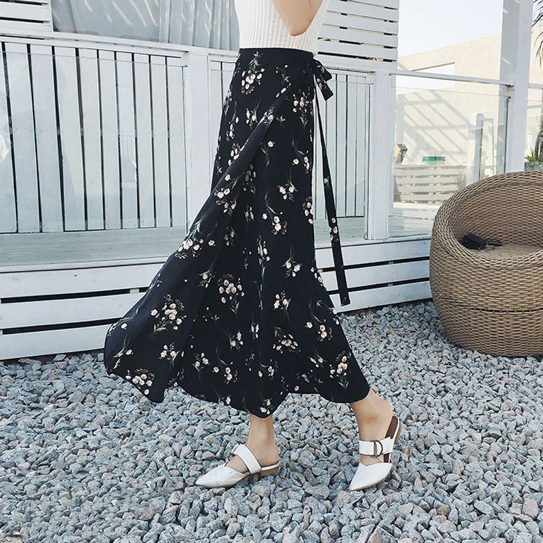 One piece skirt long skirt women's summer lace up Chiffon wrap skirt medium length Flower Beach skirt