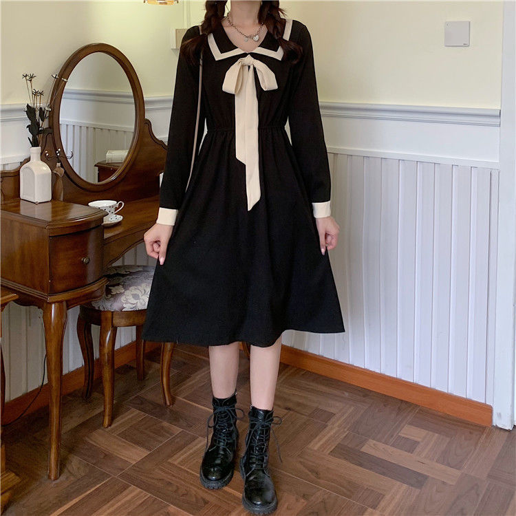 Lace up bow autumn winter new female skirt student Japanese Long Sleeve Dress temperament Korean waist mid long skirt
