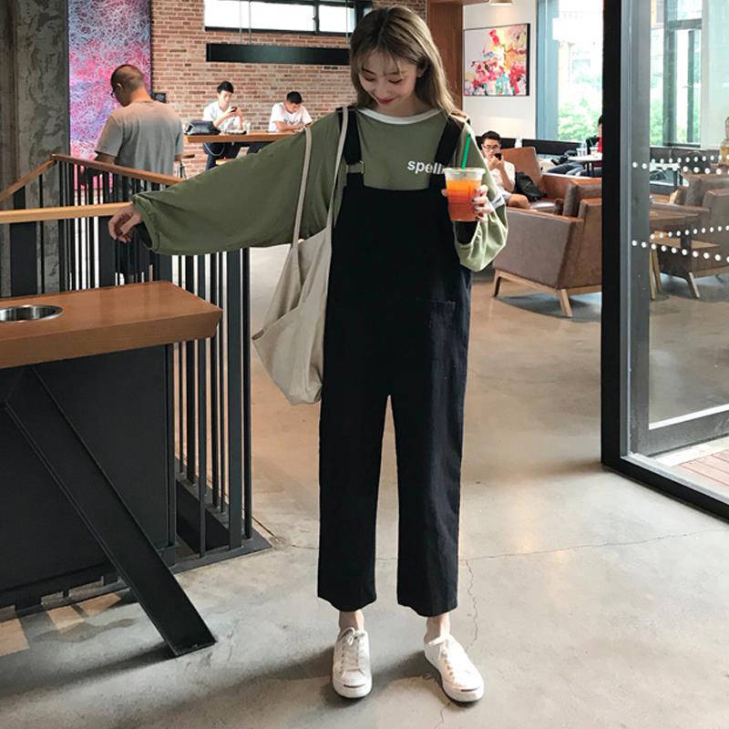 Ins retro autumn work clothes shoulder pants female students Korean version loose BF small one-piece suspender wide leg pants fashion
