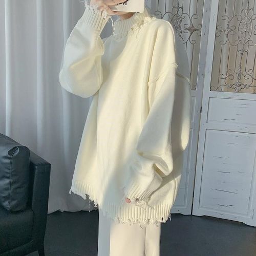 Chaopai torn edge irregular woolen sweater lovers loose half high collar autumn winter sweater men and women design holes